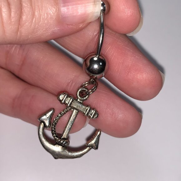 Large Anchor with Rope and Light Blue Gem Dangle Belly Ring - Picture 11 of 16